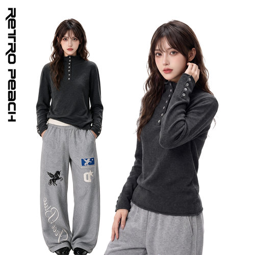 美式轻亚亨利领排扣女针织衫
