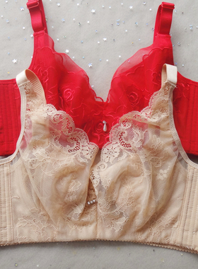 大胸显小无海绵超薄镂空调整文胸 全罩杯无钢圈红色内衣女75C 34D