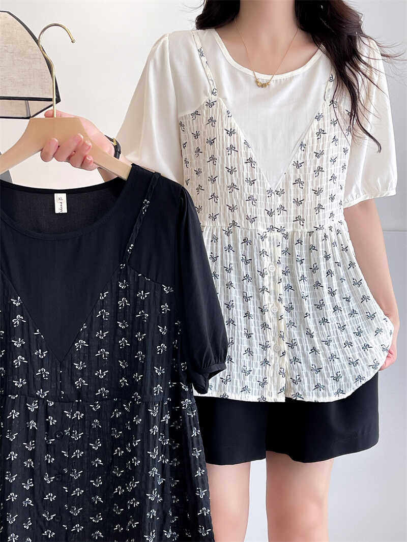 大码女装200斤胖mm夏季韩版假两件蝴蝶结印花压皱泡泡袖短袖T恤,女装/女士精品,T恤,淘宝优惠券,粉丝福利购,淘宝优惠卷