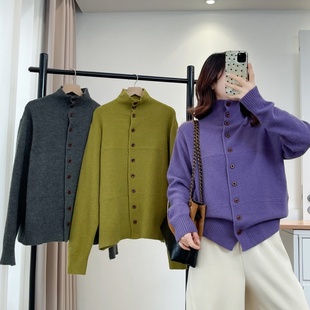 韩系高领单排扣针织开衫大码冬装保暖显瘦毛衣外套极简风内搭上衣