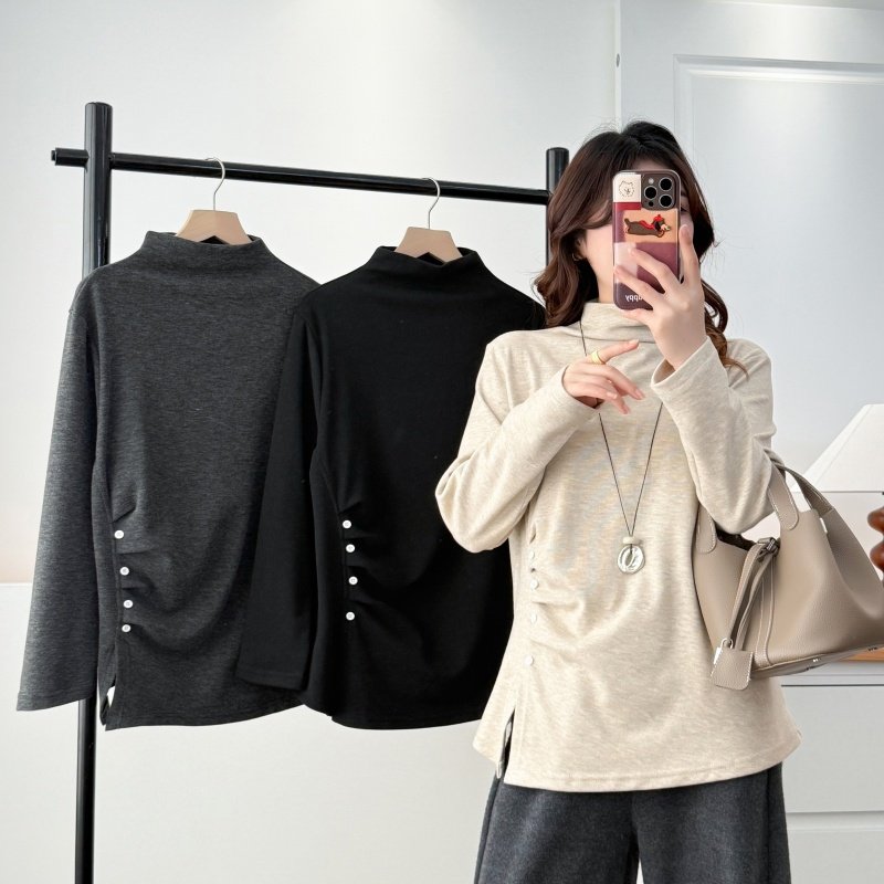 大码秋冬新款半高领不规则钉扣开叉长袖T恤女打底衫加厚保暖上衣,女装/女士精品,T恤,淘宝优惠券,粉丝福利购,淘宝优惠卷