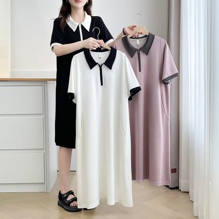 2025夏季新款大码女装胖mm显瘦遮肚子翻领短袖连衣裙宽松休闲裙子