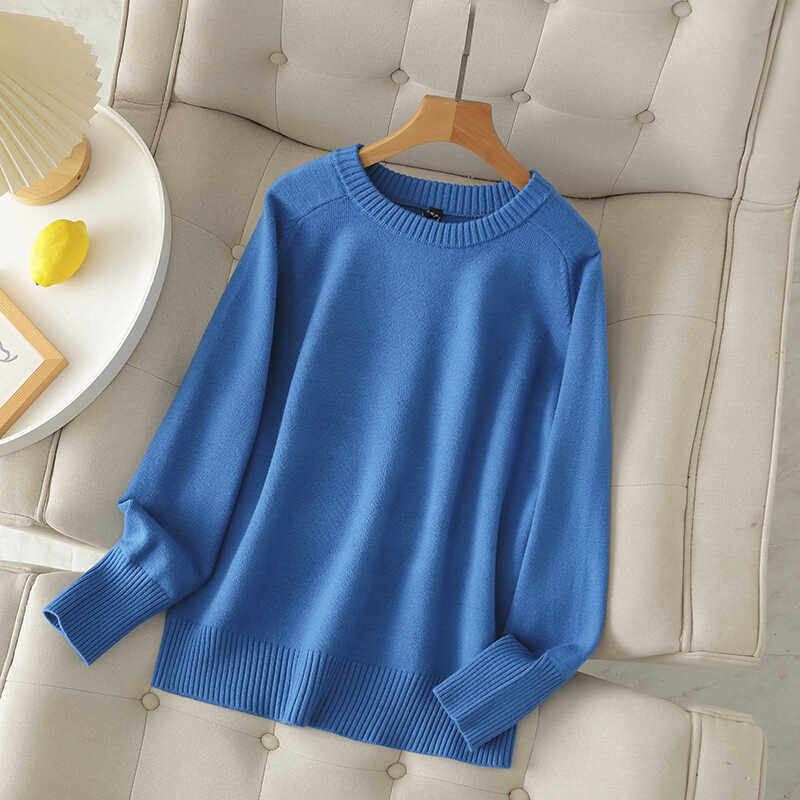大码春秋韩版新款时尚圆领蓝色毛衣胖mm宽松遮肚子显瘦长袖针织衫,女装/女士精品,毛针织衫,淘宝优惠券,粉丝福利购,淘宝优惠卷