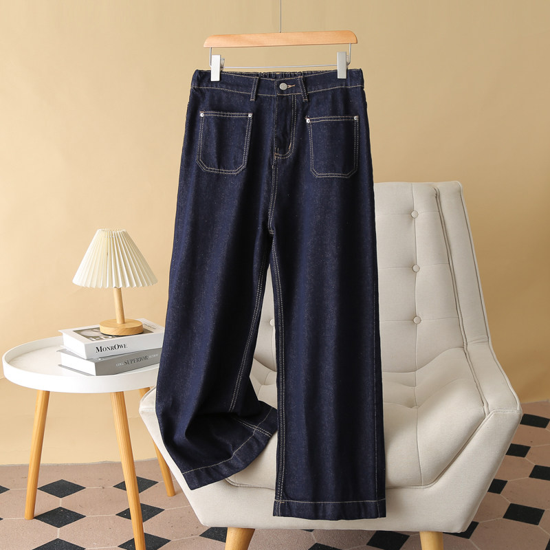 大码胖mm秋季韩版明线口袋蓝色牛仔阔腿裤美式复古高腰直筒拖地裤