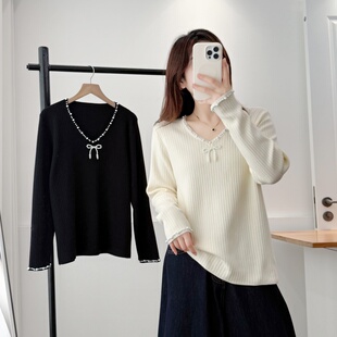 2025秋冬新款大码宽松遮肉针织衫时尚设计感V领蝴蝶结钉珠毛衣女