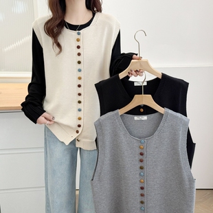彩色包扣开衫针织马甲背心春秋新款文艺风宽松叠穿无袖坎肩上衣