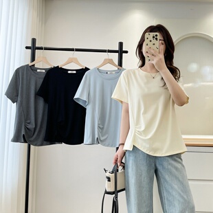 胖mm设计感不规则褶皱收腰显瘦短袖 2025夏季 女装 大码 T恤上衣 新款