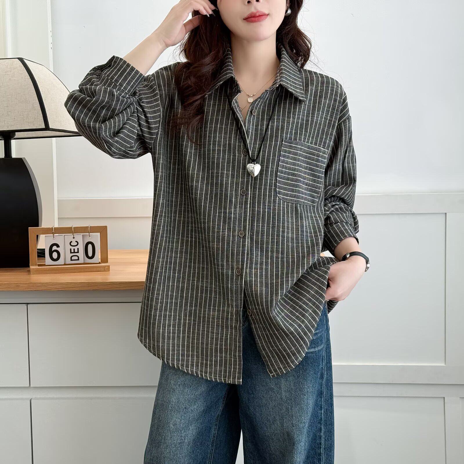 大码女装春秋新款条纹口袋衬衫宽松长袖衬衣休闲开衫中长款上衣