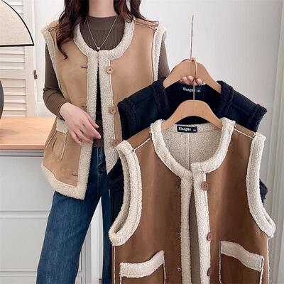 拼接常规马甲大码韩版纽扣圆领