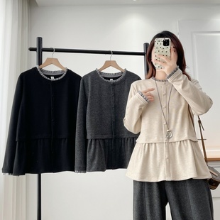 大码冬装新款花边拼接木耳边长袖T恤百搭显瘦套头褶皱打底衫上衣