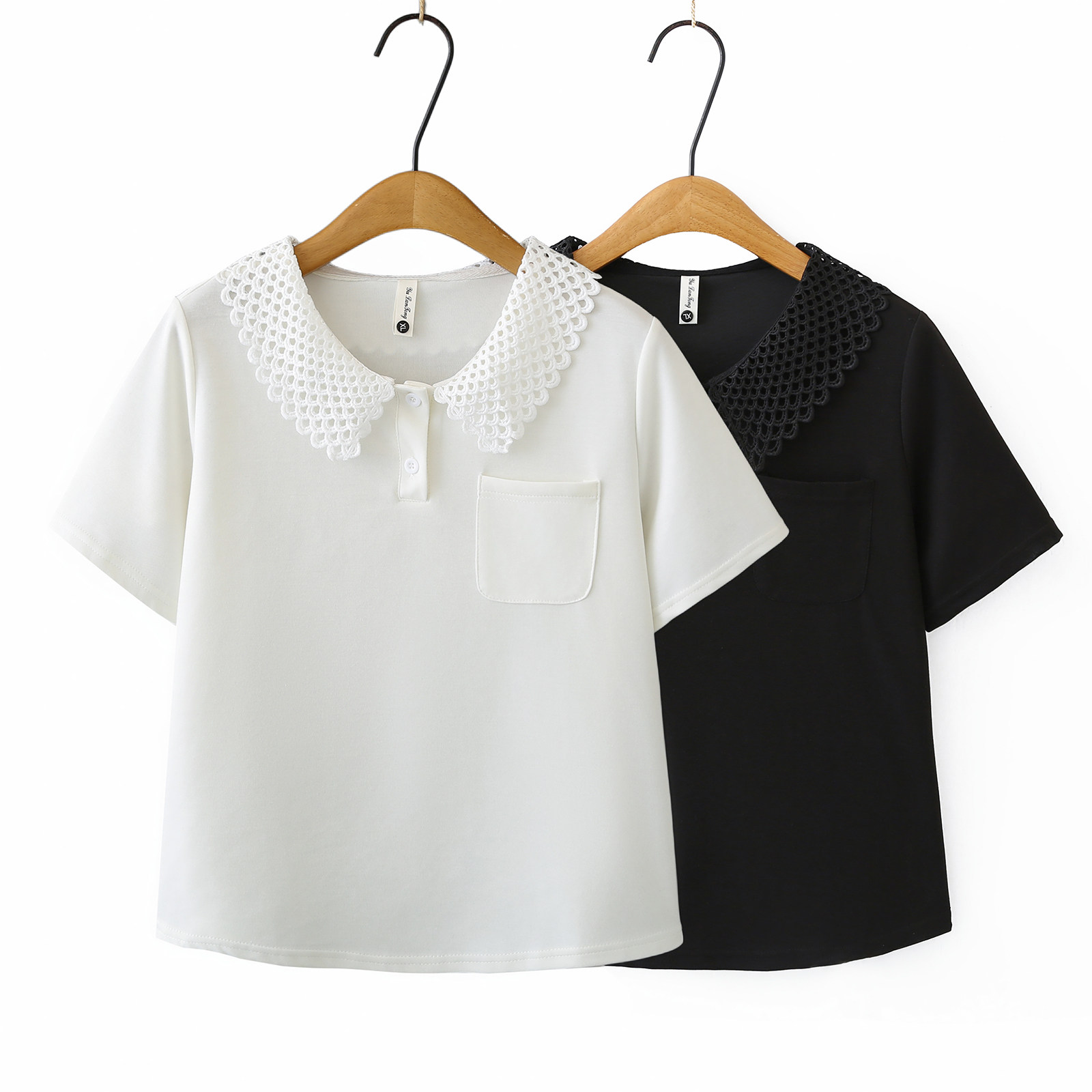 韩系蕾丝镂空花边娃娃领短袖T恤女宽松小个子口袋设计感大码上衣