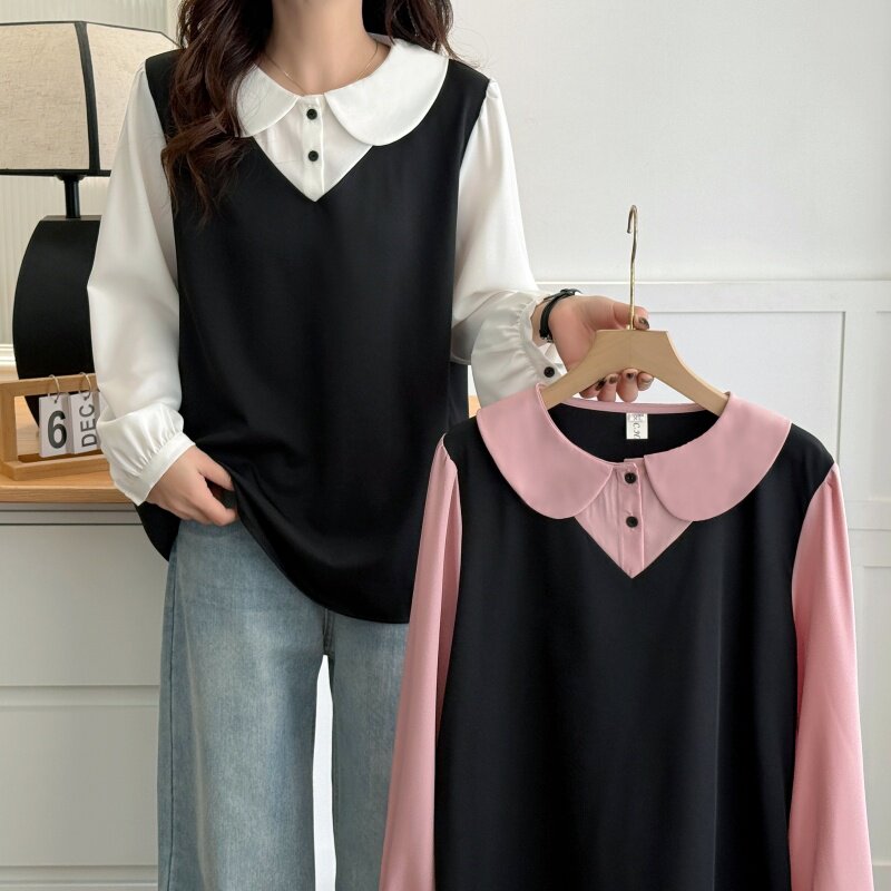 春秋季新款撞色娃娃领拼接衬衫大码宽松显瘦胖MM甜美减龄长袖上衣