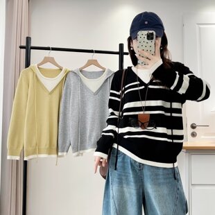 2025秋冬女装新款打底衫大码胖mm条纹拼色长袖连帽针织衫毛衣上衣
