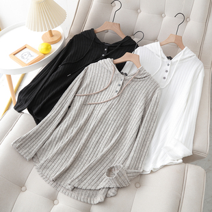 大码 春秋韩版 200斤胖mm连帽三粒扣坑条长袖 打底衫 百搭上衣 新款