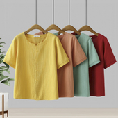 新款 大码 女装 2025夏季 设计感小V领短袖 T恤宽松显瘦纯色提花上衣