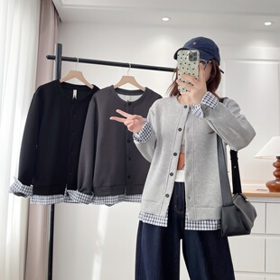 秋装新款假两件拼接格子卫衣外套女韩版宽松棒球服开衫大码上衣