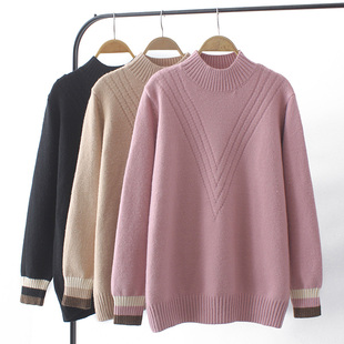 秋冬季 针织衫 加厚半高领大码 子拼色长袖 毛衣胖妹妹袖 2023年新款