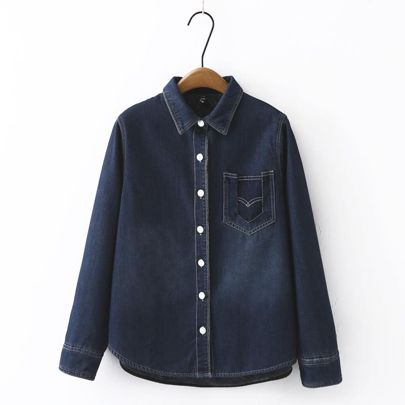 冬装新款休闲加绒加厚口袋衬衫女百搭显瘦大码加绒保暖牛仔衬衣