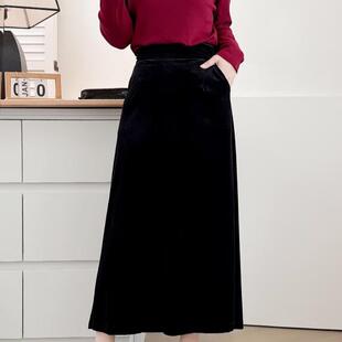 大码秋冬韩版女士新款丝绒半身裙200斤胖mm时尚气质黑色a字中长裙