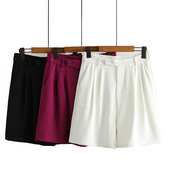 女士新款 大码 休闲裤 2023夏季 高腰显瘦两粒扣垂感阔腿西装 裤 短裤