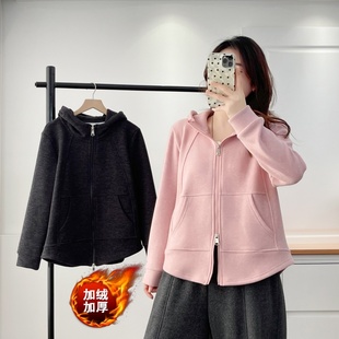 卫衣开衫 大码 加绒加厚短外套冬装 连帽双拉链卫衣女装 休闲上衣 新款