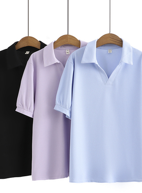 紫色V领短袖t恤女2023年春夏季纯色简约polo衫宽松大码打底上衣