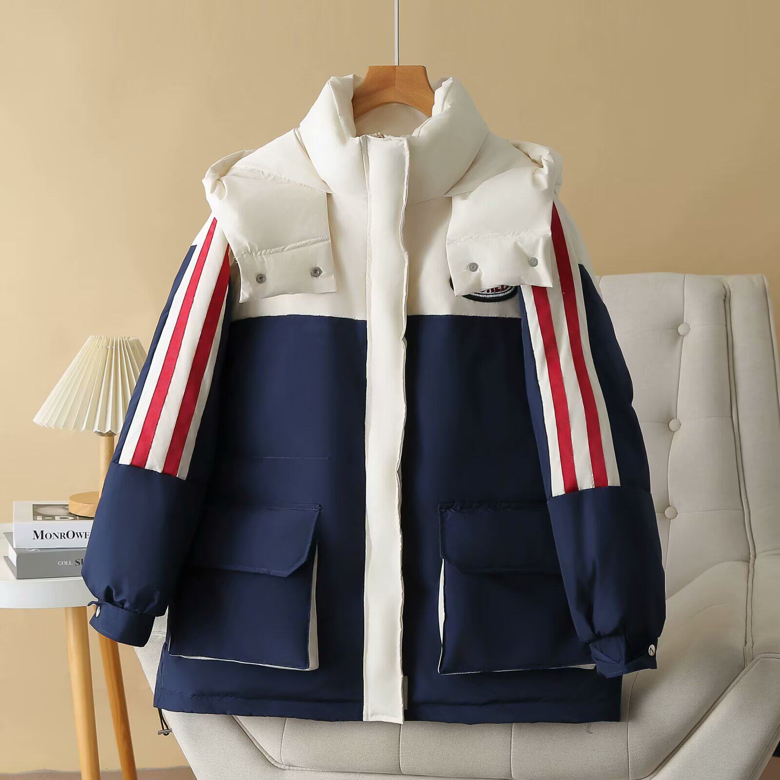 韩版拼色中长款连帽羽绒服外套