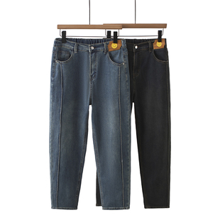 秋装 梨形身材穿搭大码 子胖mm笑脸贴标显瘦老爹裤 宽松牛仔裤 女装