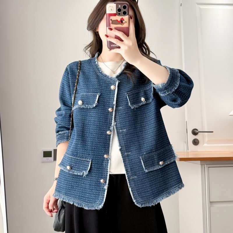 2026春季韩版新款复古小香风金属扣毛边牛仔外套宽松大码洋气上衣