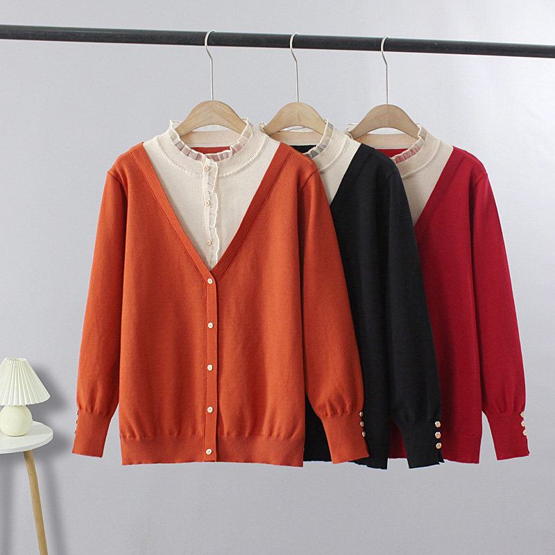 大码纽扣半高领套头假两件毛衣