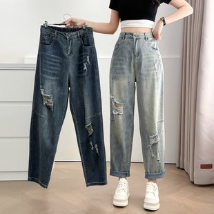 新款 牛仔褲 女裝 胖mm破洞寬松顯瘦老爹九分褲 2025夏裝 大碼