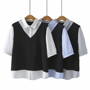 假两件女上衣短袖 条纹拼接显瘦遮肚子衬衫 2025年夏季 时尚 新款 大码