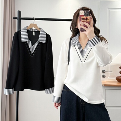 2026春韩版宽松大码条纹拼接卫衣