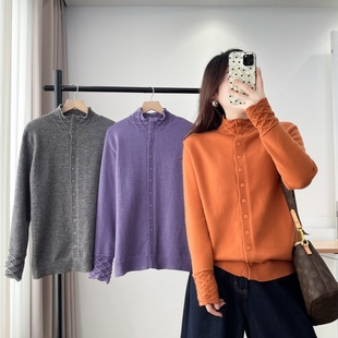 大码冬装素雅风半高领排扣针织衫女长袖百搭纯色开衫毛衣外套