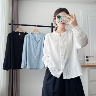 长袖 文艺小衫 200斤胖mm宽松木耳领提花长袖 秋装 衬衫 新款 大码 韩版