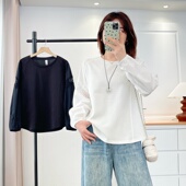 大码 秋装 t恤 简约套头衫 200斤胖mm设计感蕾丝花边拼接长袖 韩版 新款