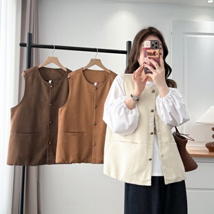 大码复古圆领单排扣无袖明线鹿皮绒马甲大码宽松显瘦叠穿坎肩外套