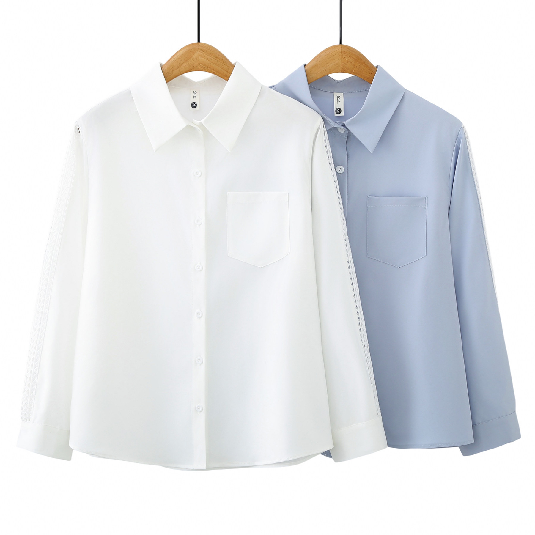 秋季新款通勤穿搭长袖衬衫大码翻领口袋宽松显瘦花边袖拼接上衣