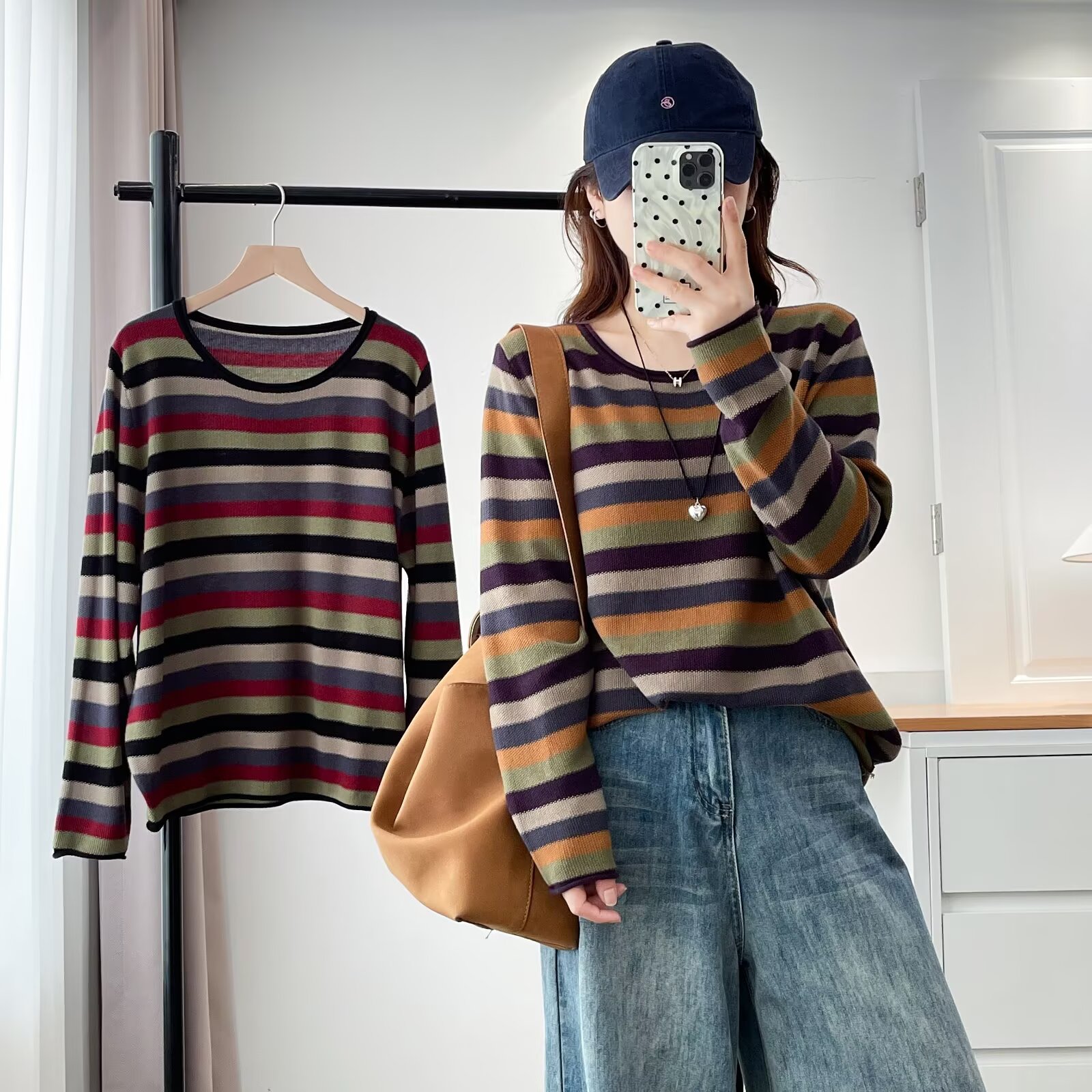 大码女装圆领彩条提花针织衫