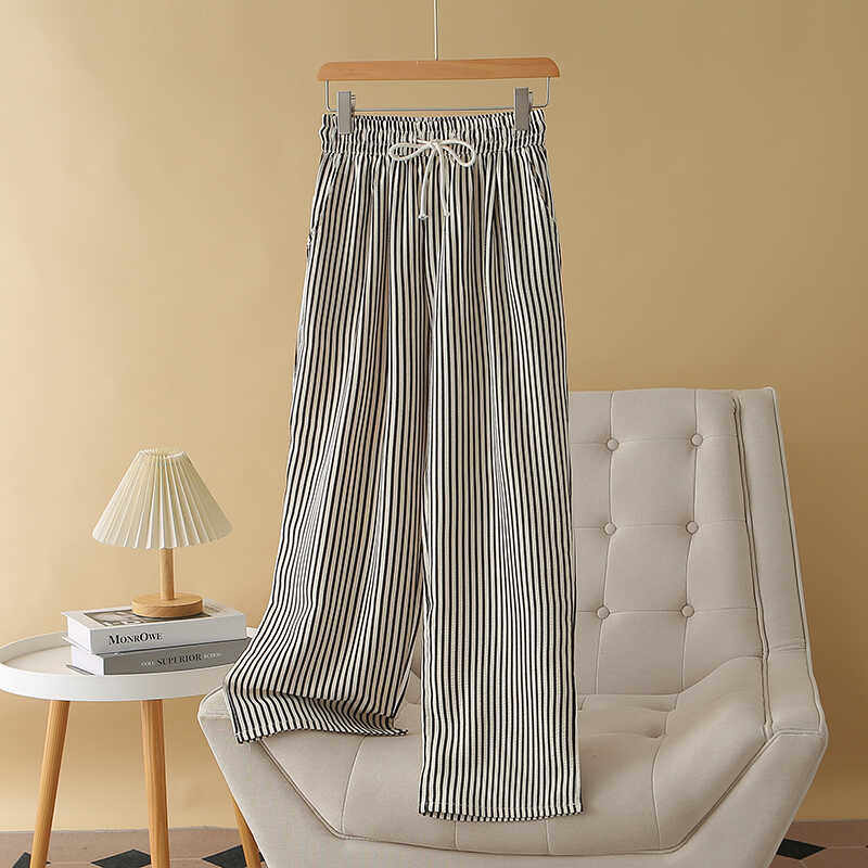大码韩版高腰条纹长裤阔腿裤