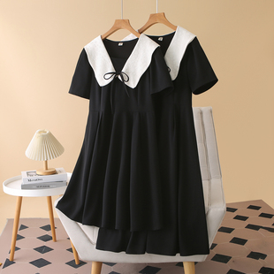 韩版 温柔风大翻领系带长裙胖mm时尚 夏季 新款 连衣裙 气质大码 短袖