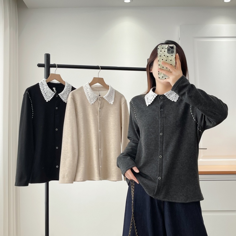 蕾丝翻领拼接钉扣加绒t恤