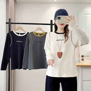 休闲宽松胖mm撞色圆领明线字母印花长袖 新款 T恤上衣 女秋季 大码