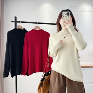 大码冬装新款卷边半高领针织衫女百搭显瘦长袖纯色毛衣打底衫上衣