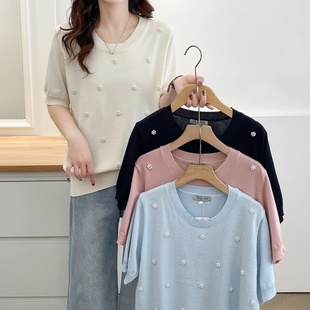 韩版 胖mm大码 新款 针织衫 设计感圆领花朵钉珠冰丝t恤 短袖 2025夏装