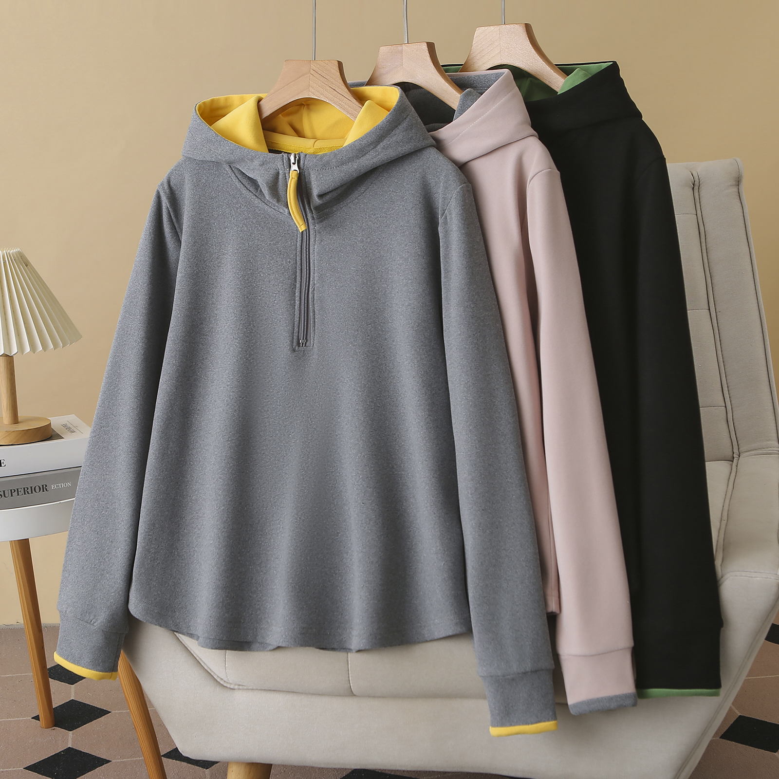 大码女装连帽半拉链拼色卫衣