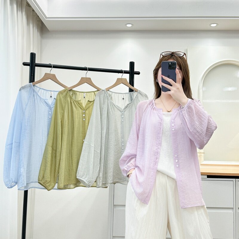 夏装大码宽松防晒灯笼袖衬衫女图片