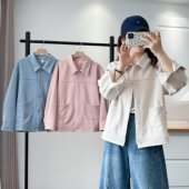 翻领单排扣双口袋鹿皮绒长袖 新款 外套宽松显瘦夹克上衣女 女装 大码