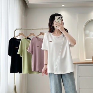 2025夏装韩版新款套头衫200斤胖mm遮肚子圆领定标拼接短袖大码t恤
