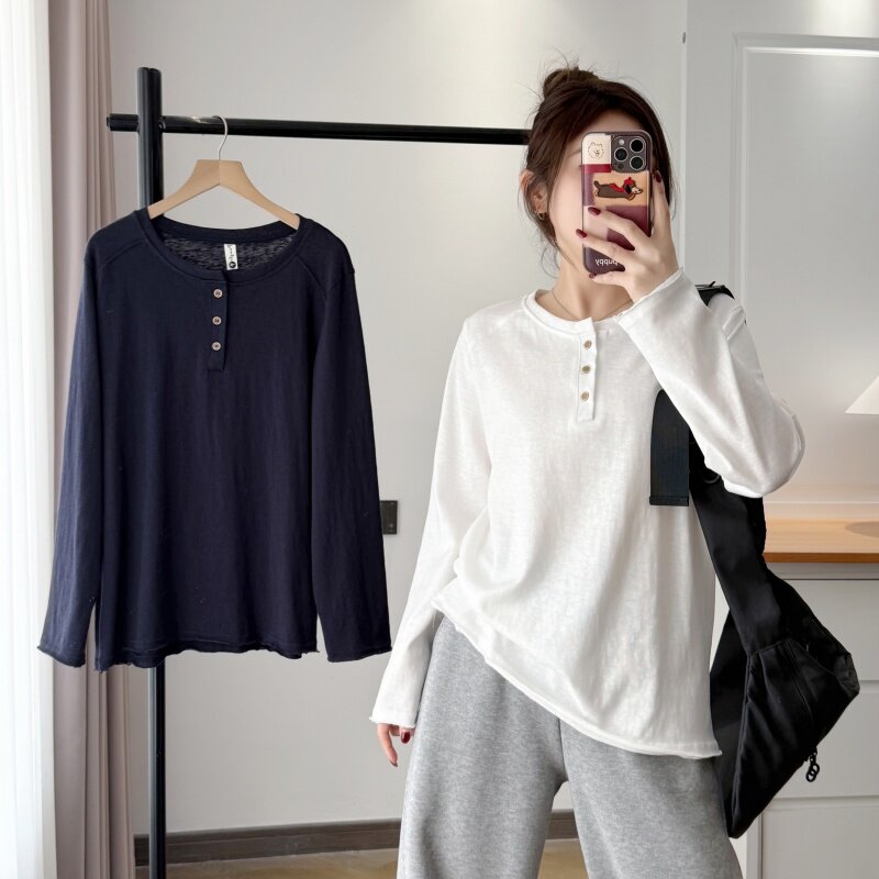 春装新款基础款纽扣圆领三粒扣长袖T恤女大码纯色打底衫正肩上衣